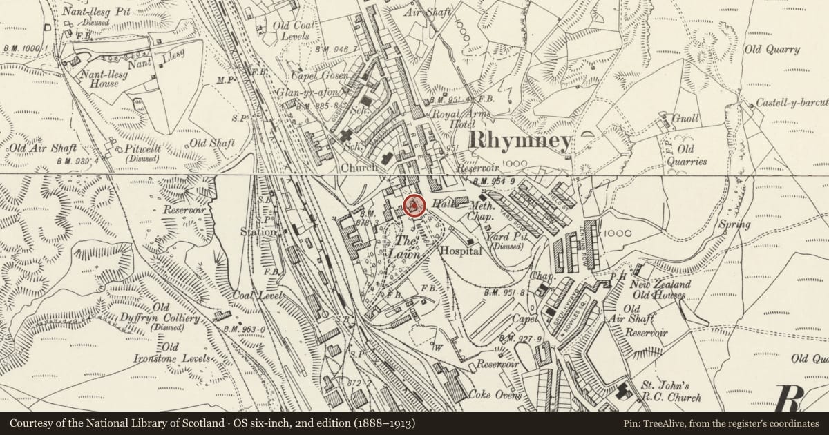 Ordnance Survey six-inch map, 2nd edition (1888–1913) covering the location of The Vicarage, Rhymney, Caerphilly, with a pin at the register's coordinates