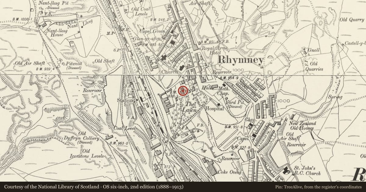 Ordnance Survey six-inch map, 2nd edition (1888–1913) covering the location of Ysgol Lawnt, Rhymney, Caerphilly, with a pin at the register's coordinates