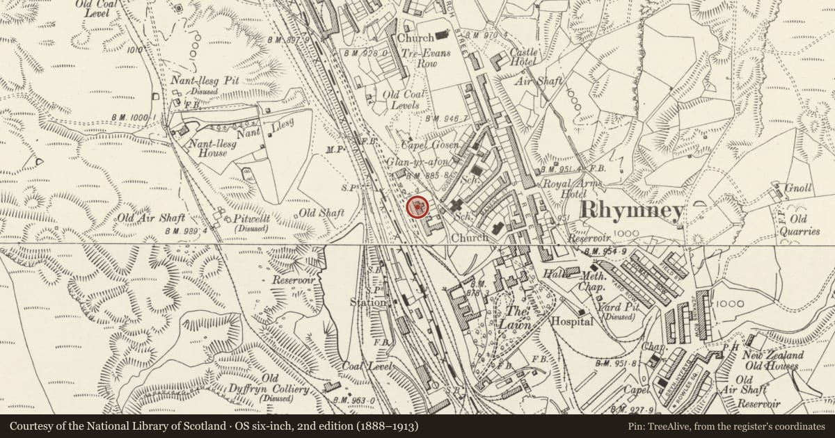Ordnance Survey six-inch map, 2nd edition (1888–1913) covering the location of No.3 The Terrace and attached garden wall with gate piers, Rhymney, Caerphilly, with a pin at the register's coordinates