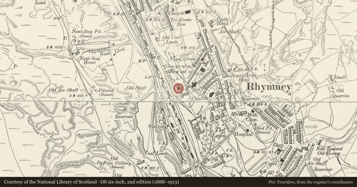 Ordnance Survey six-inch map, 2nd edition (1888–1913) covering the location of No.5 The Terrace and attached garden wall with gate piers, Rhymney, Caerphilly, with a pin at the register's coordinates