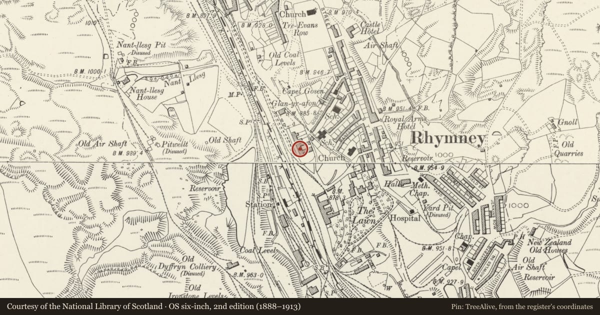 Ordnance Survey six-inch map, 2nd edition (1888–1913) covering the location of No.8 The Terrace and attached garden wall with gate piers, Rhymney, Caerphilly, with a pin at the register's coordinates