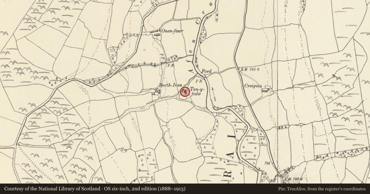 Ordnance Survey six-inch map, 2nd edition (1888–1913) covering the location of Barn at Tan-y-fedw, Cray, Powys, with a pin at the register's coordinates