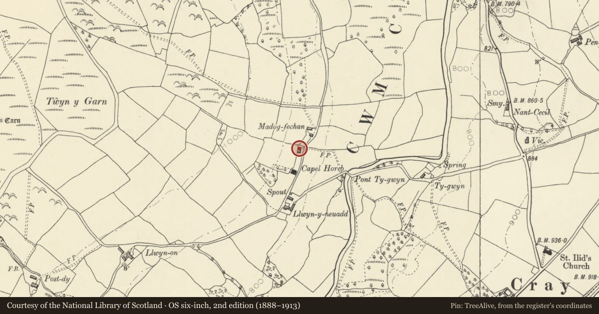 Ordnance Survey six-inch map, 2nd edition (1888–1913) covering the location of Former chapel and chapel house to Horeb Chapel, Cray, Powys, with a pin at the register's coordinates