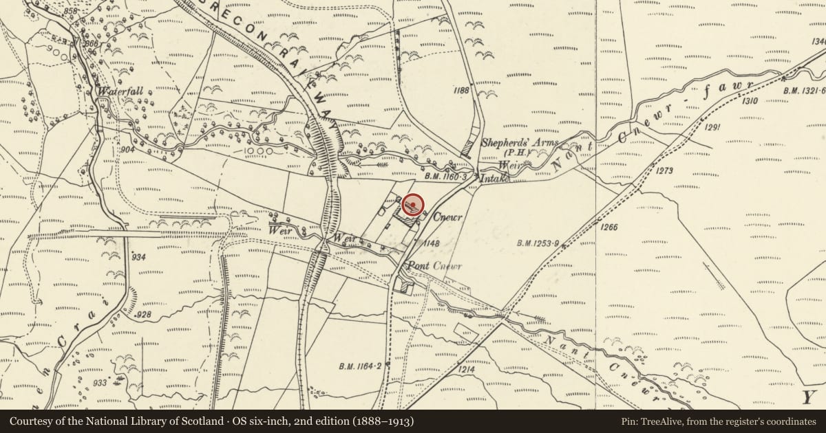 Ordnance Survey six-inch map, 2nd edition (1888–1913) covering the location of Cnewr and attached buildings, Cray, Powys, with a pin at the register's coordinates