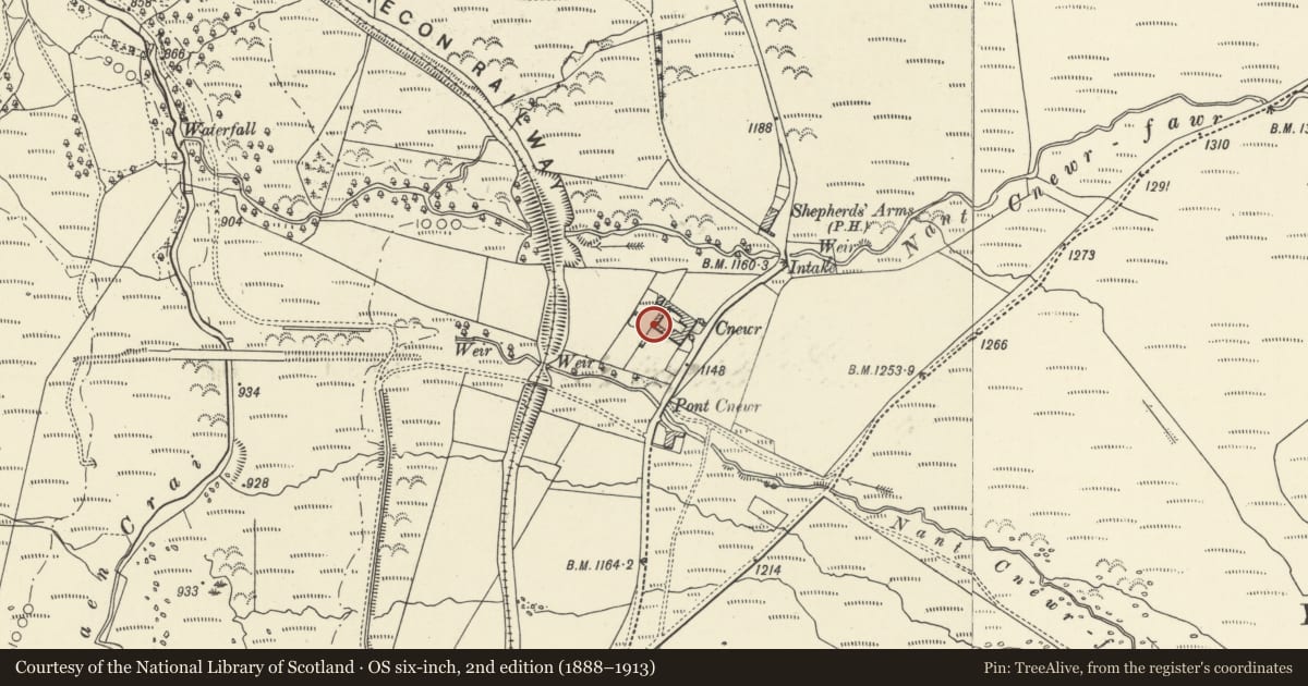 Ordnance Survey six-inch map, 2nd edition (1888–1913) covering the location of Outbuilding, lofted stable and cartshed at Cnewr, Cray, Powys, with a pin at the register's coordinates