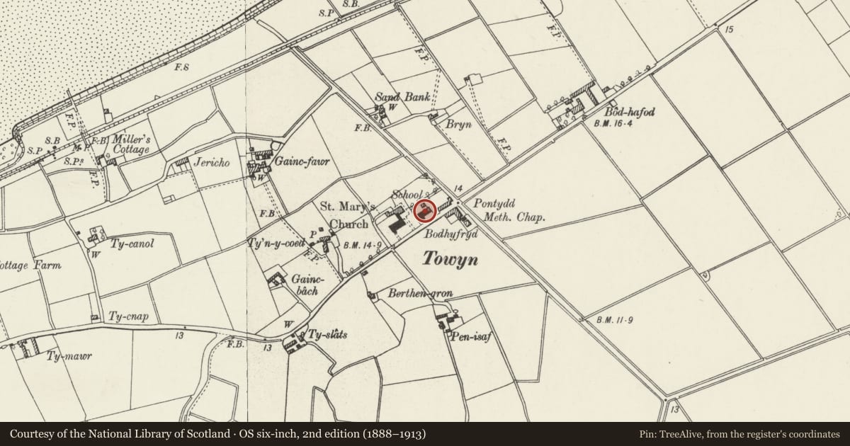 Ordnance Survey six-inch map, 2nd edition (1888–1913) covering the location of Towyn and Kinmel Bay Youth Club, Kinmel Bay and Towyn, Conwy, with a pin at the register's coordinates