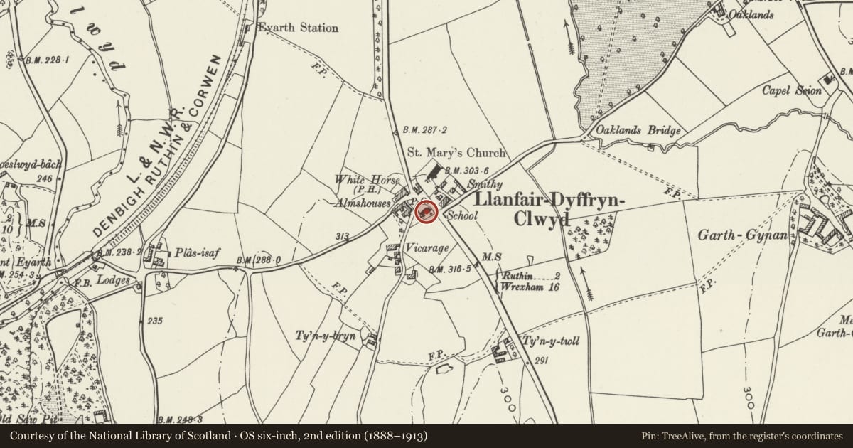 Ordnance Survey six-inch map, 2nd edition (1888–1913) covering the location of Llanfair Dyffryn Clwyd Controlled School, Denbighshire, with a pin at the register's coordinates