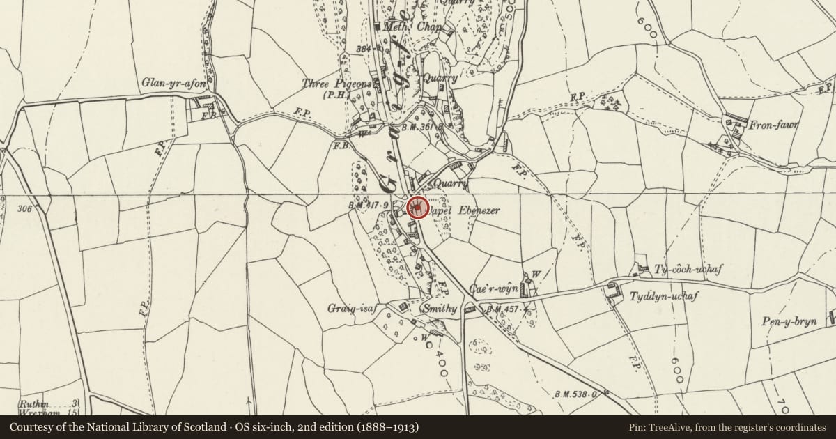 Ordnance Survey six-inch map, 2nd edition (1888–1913) covering the location of Capel Ebenezer, Llanfair Dyffryn Clwyd, Denbighshire, with a pin at the register's coordinates