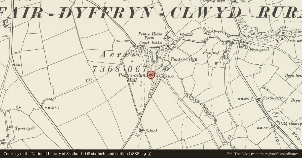Ordnance Survey six-inch map, 2nd edition (1888–1913) covering the location of Pentre-celyn Hall, Llanfair Dyffryn Clwyd, Denbighshire, with a pin at the register's coordinates
