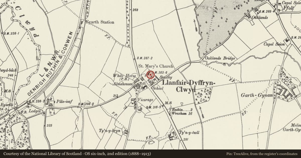 Ordnance Survey six-inch map, 2nd edition (1888–1913) covering the location of Preaching Cross in Churchyard of Church of St Cynfarch and St Mary, Llanfair Dyffryn Clwyd, Denbighshire, with a pin at the register's coordinates