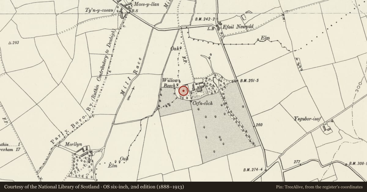 Ordnance Survey six-inch map, 2nd edition (1888–1913) covering the location of Walled Garden at Cefn-coch, Llanfair Dyffryn Clwyd, Denbighshire, with a pin at the register's coordinates