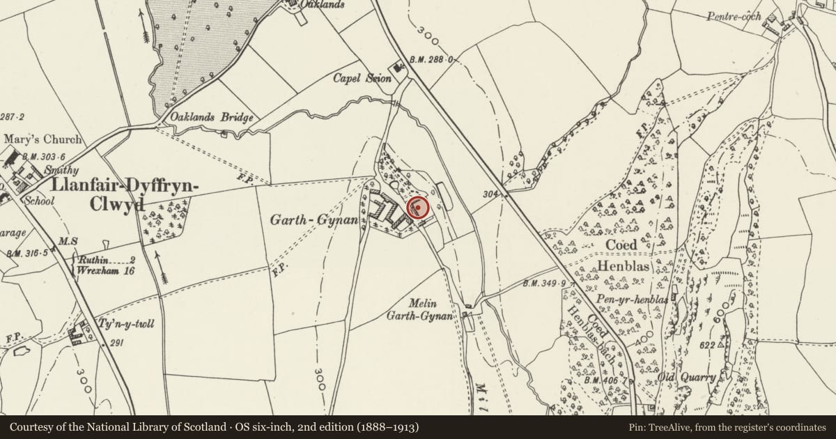 Ordnance Survey six-inch map, 2nd edition (1888–1913) covering the location of Cottage and Brewhouse at Garthgynan, Llanfair Dyffryn Clwyd, Denbighshire, with a pin at the register's coordinates
