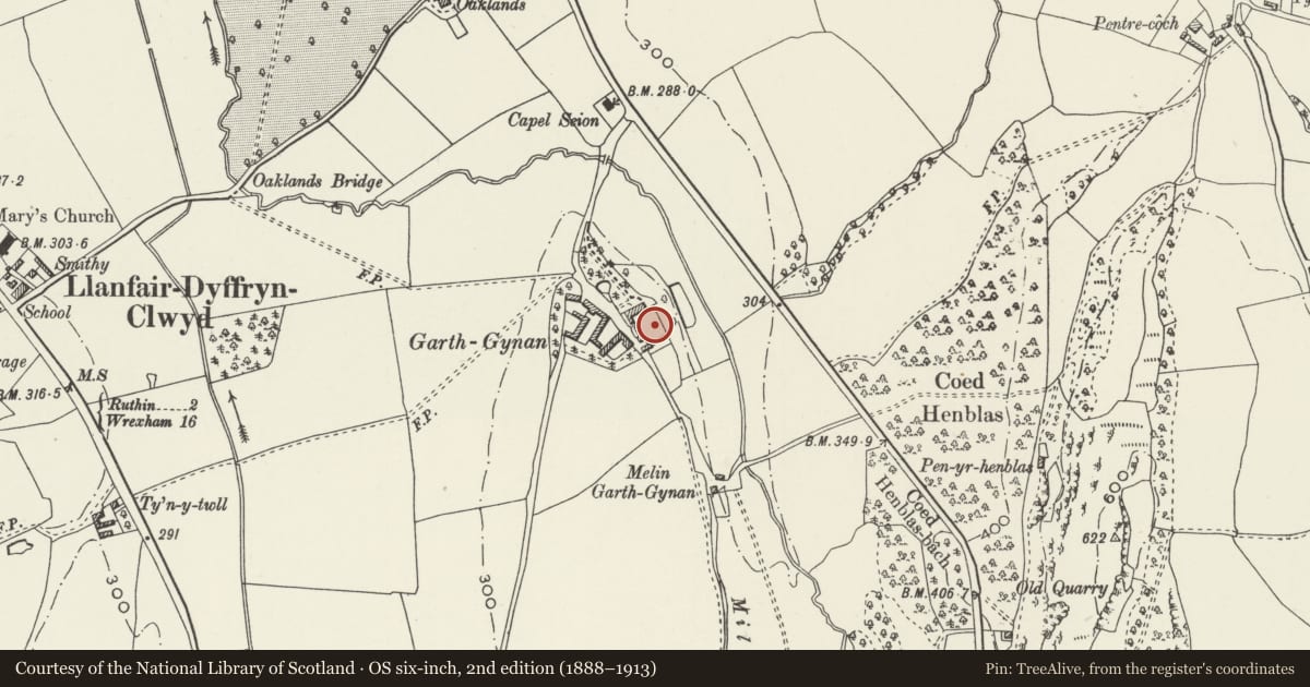 Ordnance Survey six-inch map, 2nd edition (1888–1913) covering the location of Garden Walls with Privy, Pavilion and Cottage at Garthgynan, Llanfair Dyffryn Clwyd, Denbighshire, with a pin at the register's coordinates