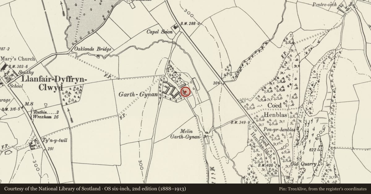 Ordnance Survey six-inch map, 2nd edition (1888–1913) covering the location of Smithy at Garthgynan, Llanfair Dyffryn Clwyd, Denbighshire, with a pin at the register's coordinates