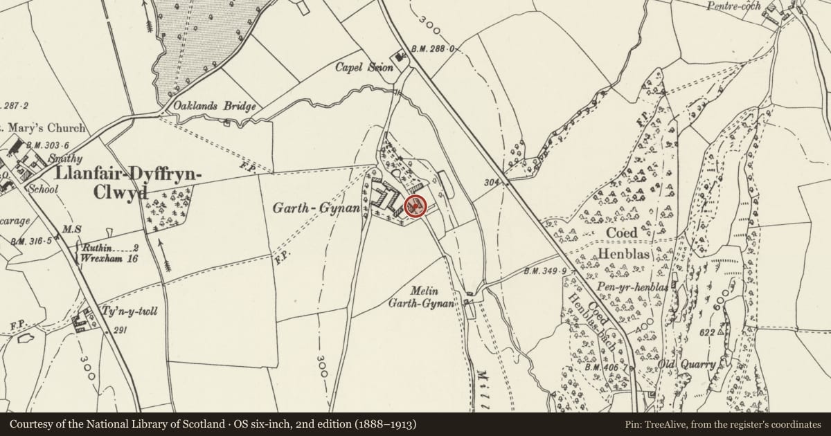 Ordnance Survey six-inch map, 2nd edition (1888–1913) covering the location of Cartsheds with Loft at Garthgynan, Llanfair Dyffryn Clwyd, Denbighshire, with a pin at the register's coordinates