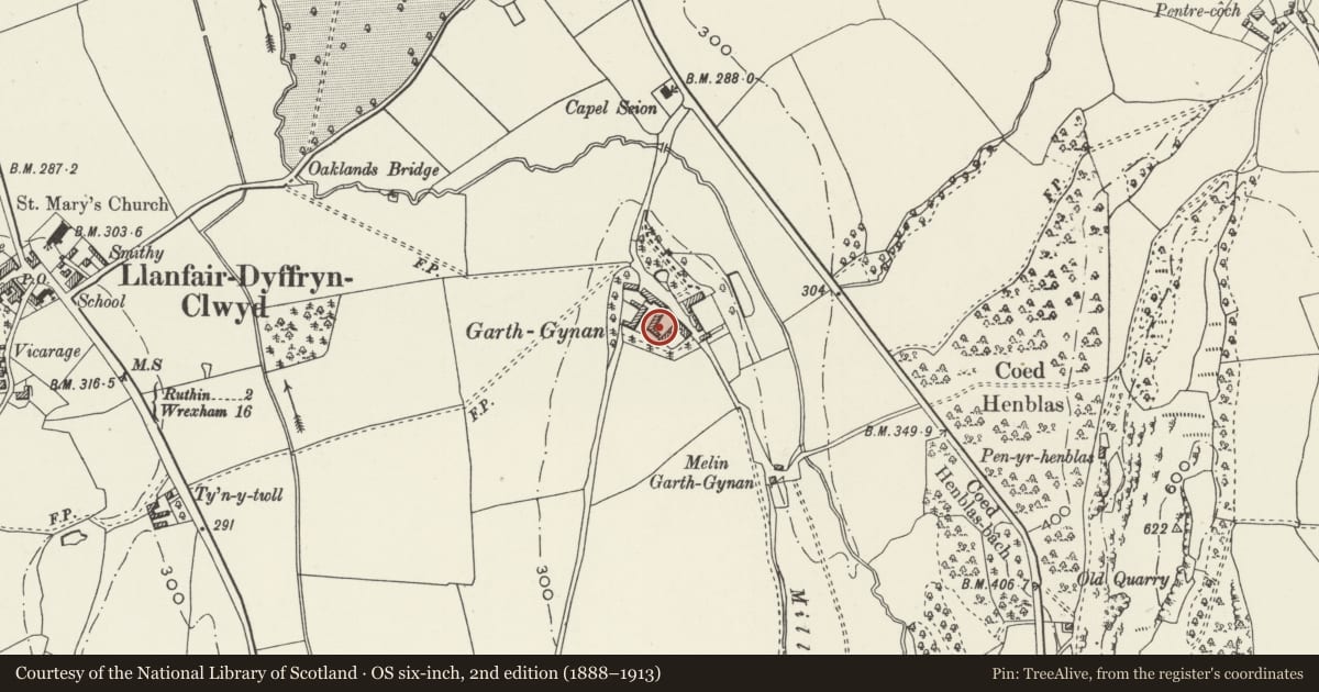 Ordnance Survey six-inch map, 2nd edition (1888–1913) covering the location of Cowshed and Calfshed Ranges around Midden at Garthgynan, Llanfair Dyffryn Clwyd, Denbighshire, with a pin at the register's coordinates