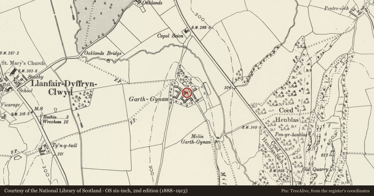 Ordnance Survey six-inch map, 2nd edition (1888–1913) covering the location of Granary at Garthgynan, Llanfair Dyffryn Clwyd, Denbighshire, with a pin at the register's coordinates