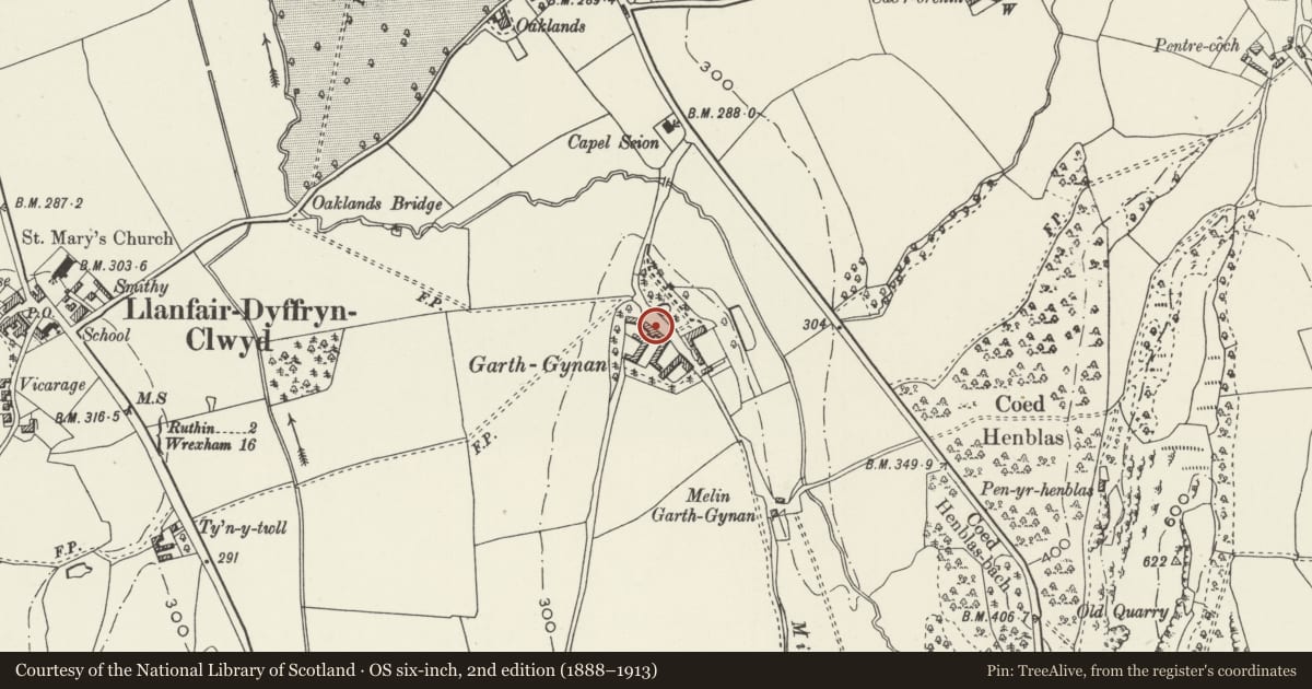 Ordnance Survey six-inch map, 2nd edition (1888–1913) covering the location of Stables at Garthgynan, Llanfair Dyffryn Clwyd, Denbighshire, with a pin at the register's coordinates