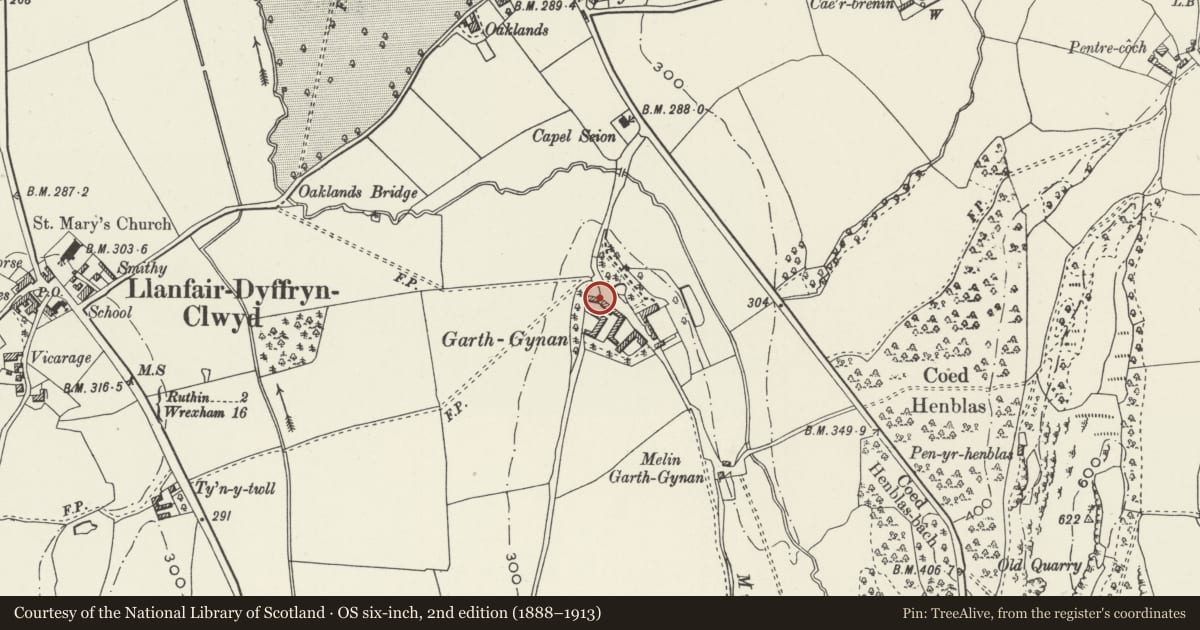 Ordnance Survey six-inch map, 2nd edition (1888–1913) covering the location of Detached Shelter Shed at Garthgynan, Llanfair Dyffryn Clwyd, Denbighshire, with a pin at the register's coordinates