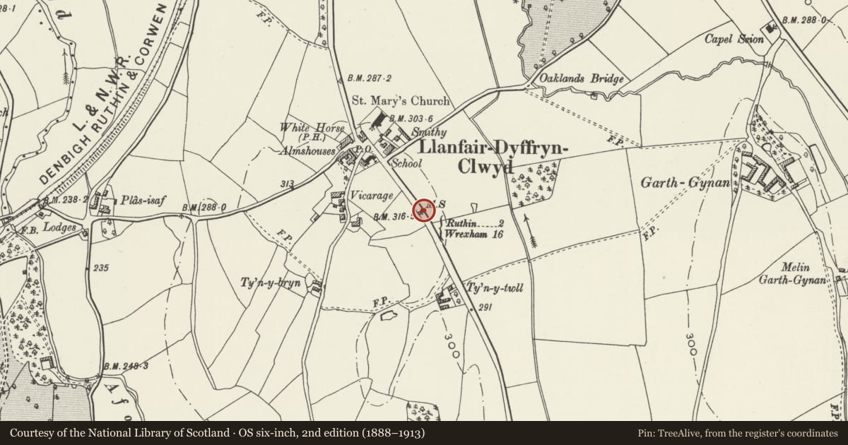 Ordnance Survey six-inch map, 2nd edition (1888–1913) covering the location of Milestone, Llanfair Dyffryn Clwyd, Denbighshire, with a pin at the register's coordinates