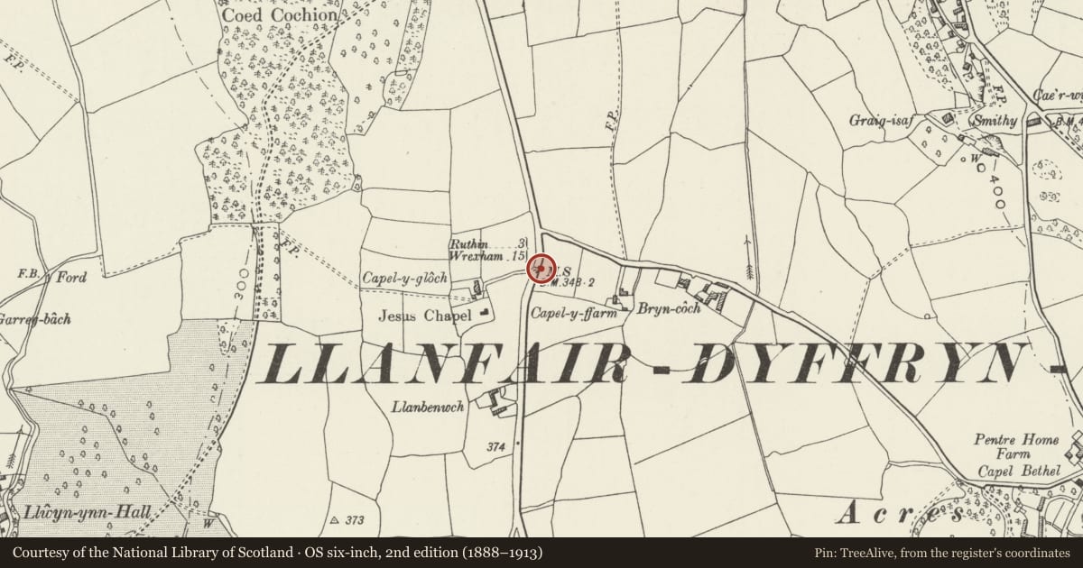 Ordnance Survey six-inch map, 2nd edition (1888–1913) covering the location of Milestone, Llanfair Dyffryn Clwyd, Denbighshire, with a pin at the register's coordinates