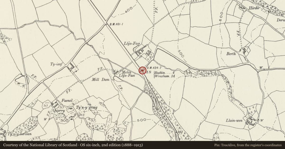Ordnance Survey six-inch map, 2nd edition (1888–1913) covering the location of Milestone, Llanfair Dyffryn Clwyd, Denbighshire, with a pin at the register's coordinates