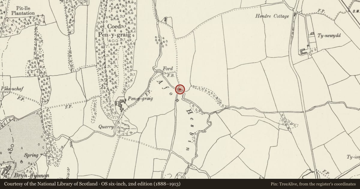 Ordnance Survey six-inch map, 2nd edition (1888–1913) covering the location of Pont-pen-y-bont, Llanfair Dyffryn Clwyd, Denbighshire, with a pin at the register's coordinates