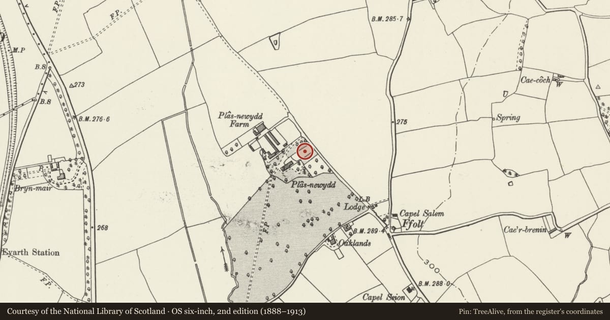 Ordnance Survey six-inch map, 2nd edition (1888–1913) covering the location of Walled Garden at Plas-newydd, Llanfair Dyffryn Clwyd, Denbighshire, with a pin at the register's coordinates