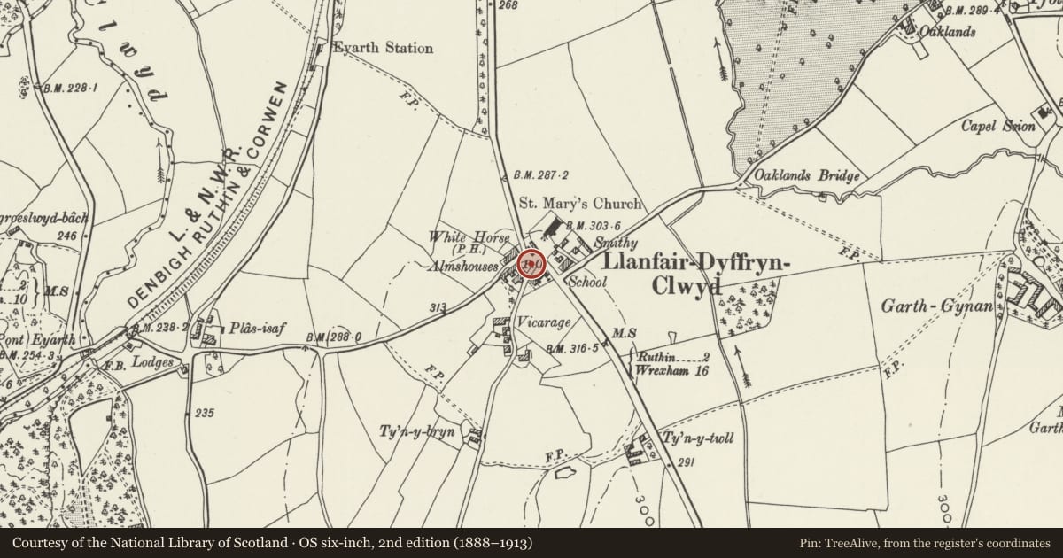 Ordnance Survey six-inch map, 2nd edition (1888–1913) covering the location of War Memorial, Llanfair Dyffryn Clwyd, Denbighshire, with a pin at the register's coordinates