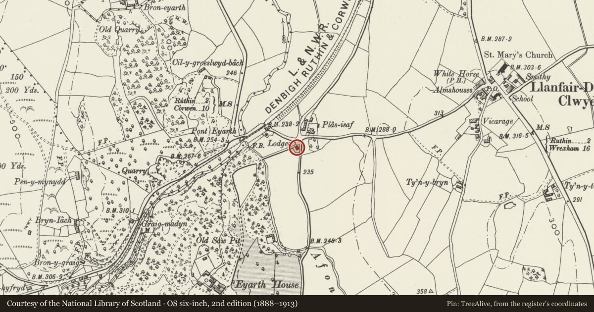 Ordnance Survey six-inch map, 2nd edition (1888–1913) covering the location of Gatelodge to Eyarth House, Llanfair Dyffryn Clwyd, Denbighshire, with a pin at the register's coordinates