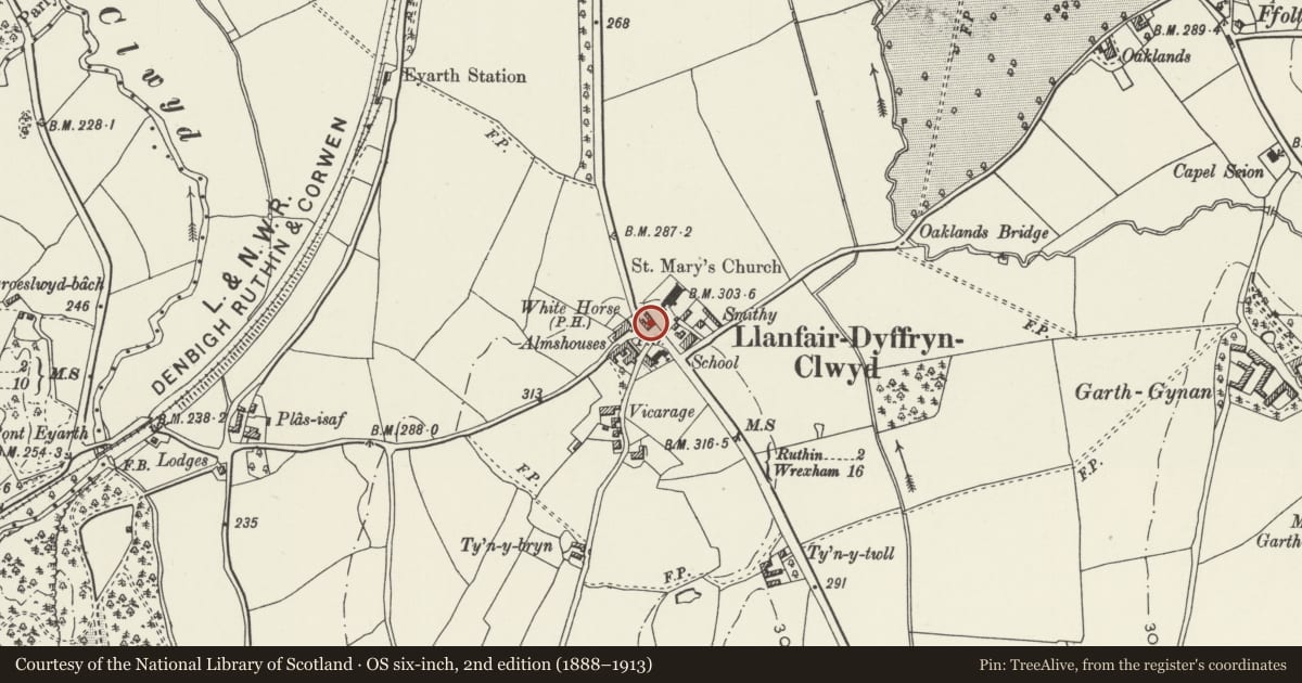 Ordnance Survey six-inch map, 2nd edition (1888–1913) covering the location of Ceffyl Gwyn Public House, Llanfair Dyffryn Clwyd, Denbighshire, with a pin at the register's coordinates