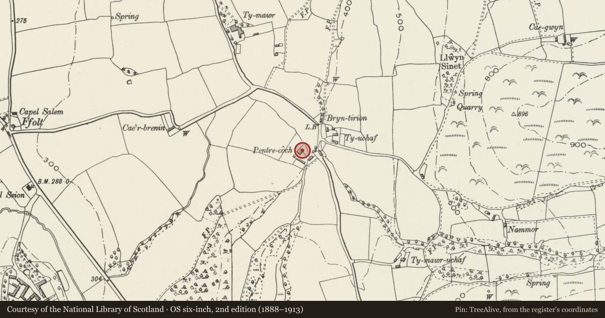 Ordnance Survey six-inch map, 2nd edition (1888–1913) covering the location of Pentre-coch Farmhouse, Llanfair Dyffryn Clwyd, Denbighshire, with a pin at the register's coordinates