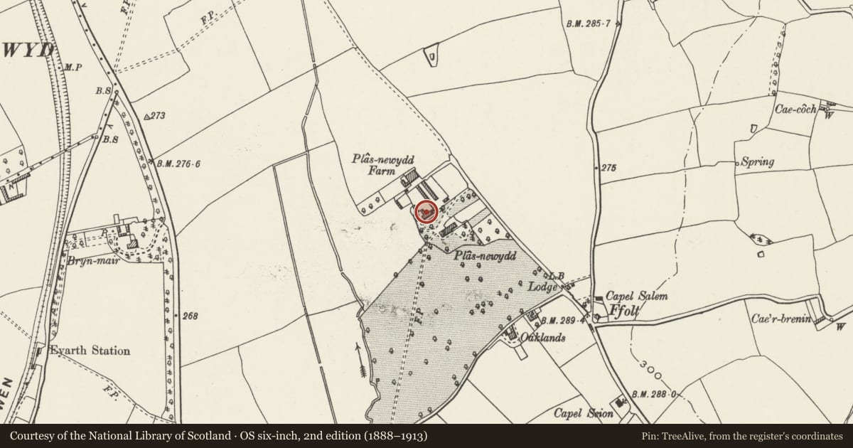 Ordnance Survey six-inch map, 2nd edition (1888–1913) covering the location of Agricultural Range at Plas-newydd, Llanfair Dyffryn Clwyd, Denbighshire, with a pin at the register's coordinates