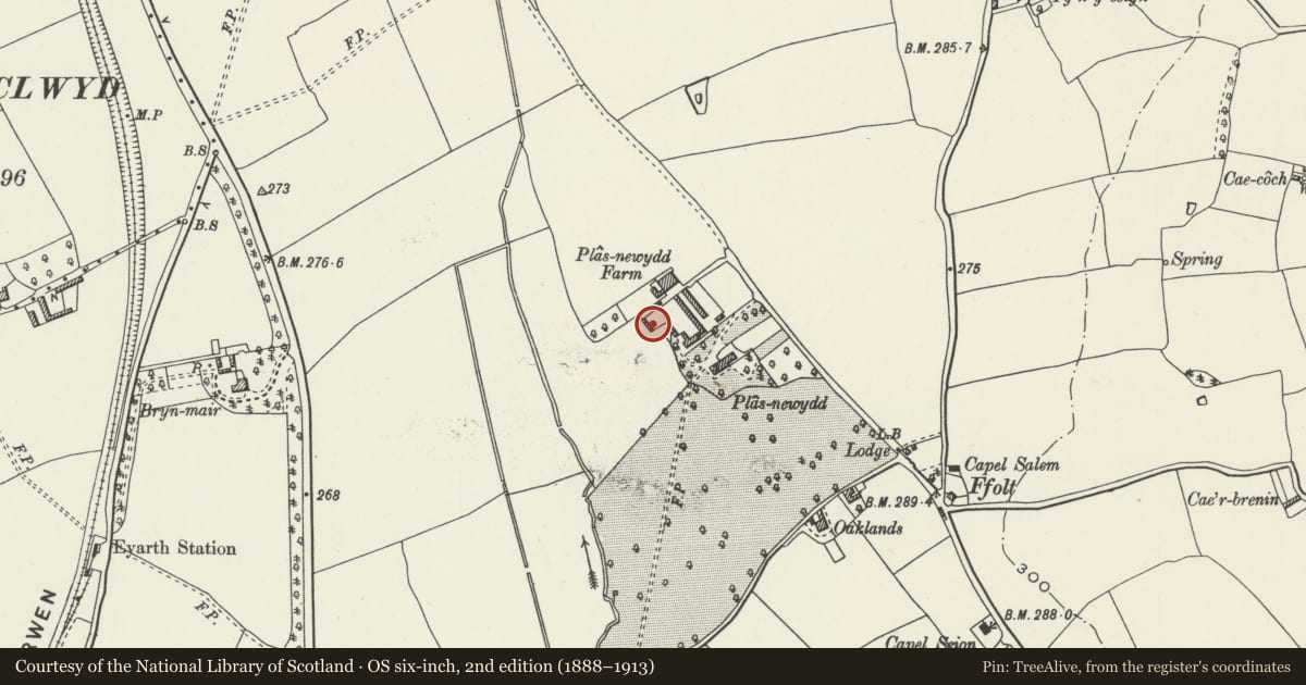 Ordnance Survey six-inch map, 2nd edition (1888–1913) covering the location of Livestock Shelter with Crewyard at Plas-newydd, Llanfair Dyffryn Clwyd, Denbighshire, with a pin at the register's coordinates