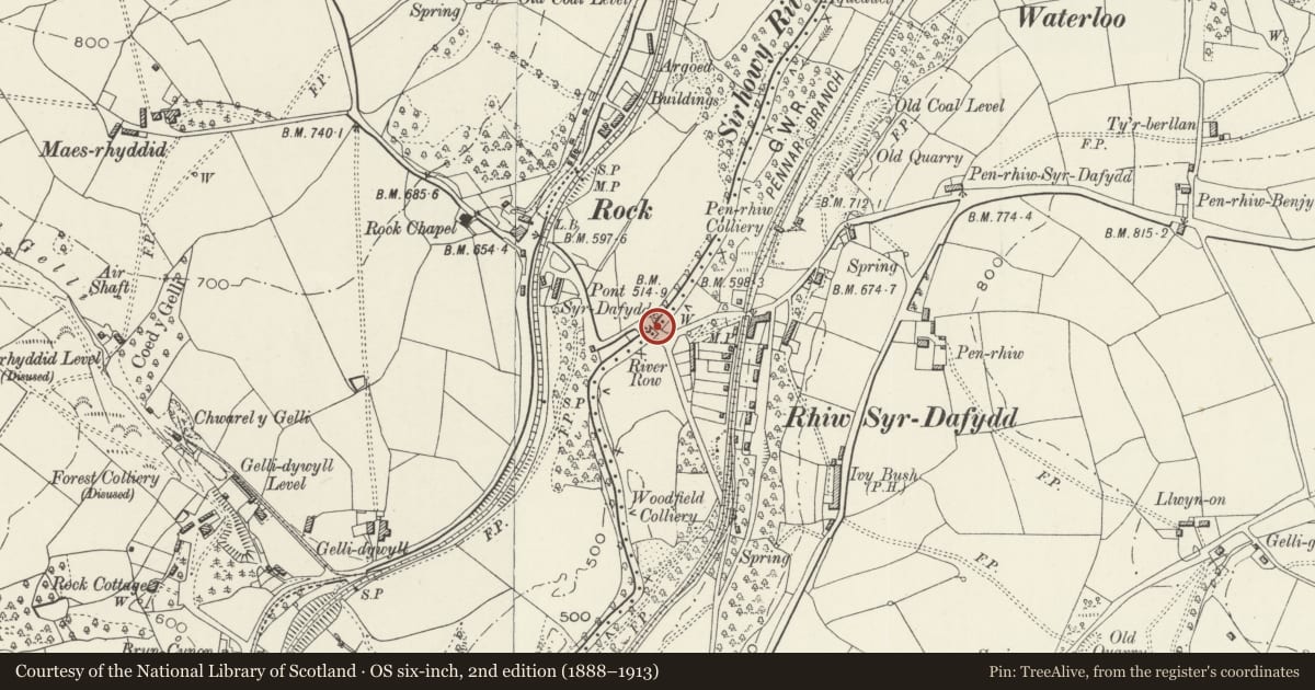 Ordnance Survey six-inch map, 2nd edition (1888–1913) covering the location of Pont Syr Dafydd (partly in Blackwood and Argoed Communities), Penmaen, Caerphilly, with a pin at the register's coordinates