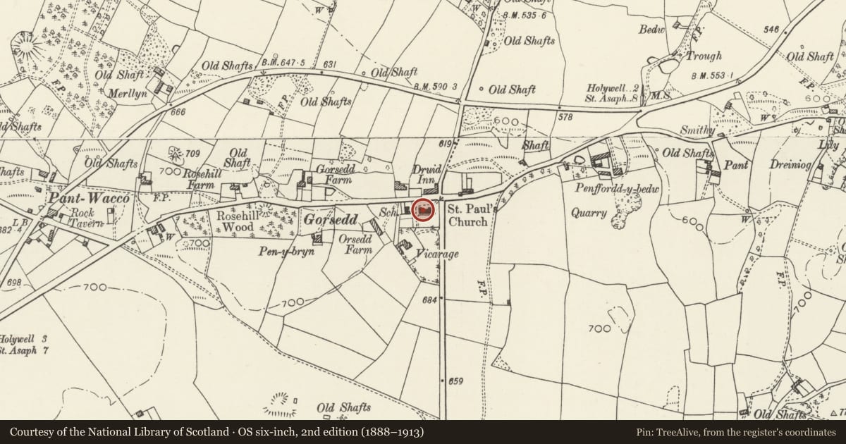 Ordnance Survey six-inch map, 2nd edition (1888–1913) covering the location of Church of St Paul, Whitford, Flintshire, with a pin at the register's coordinates