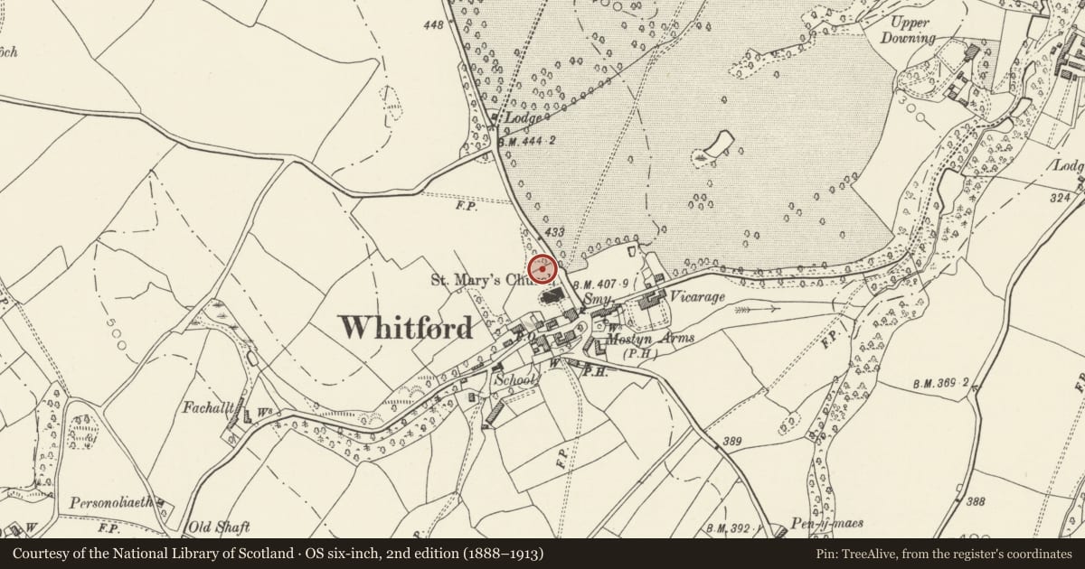 Ordnance Survey six-inch map, 2nd edition (1888–1913) covering the location of Tomb of Moses Griffith, Whitford, Flintshire, with a pin at the register's coordinates