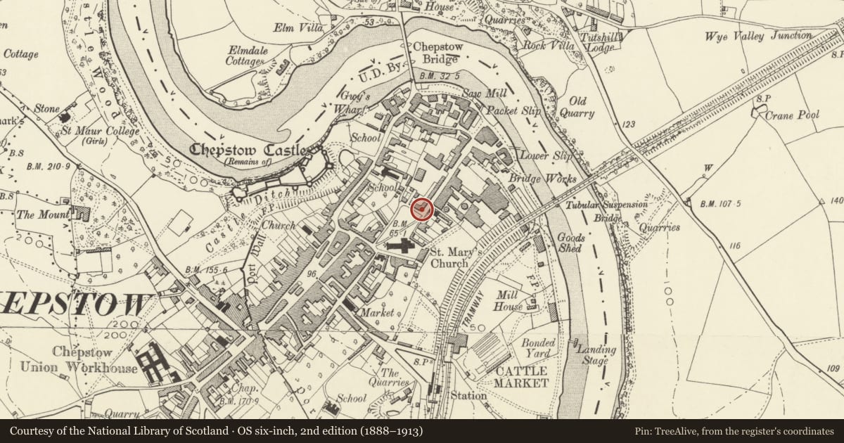 Ordnance Survey six-inch map, 2nd edition (1888–1913) covering the location of 15 Church Road, Chepstow, Monmouthshire, with a pin at the register's coordinates