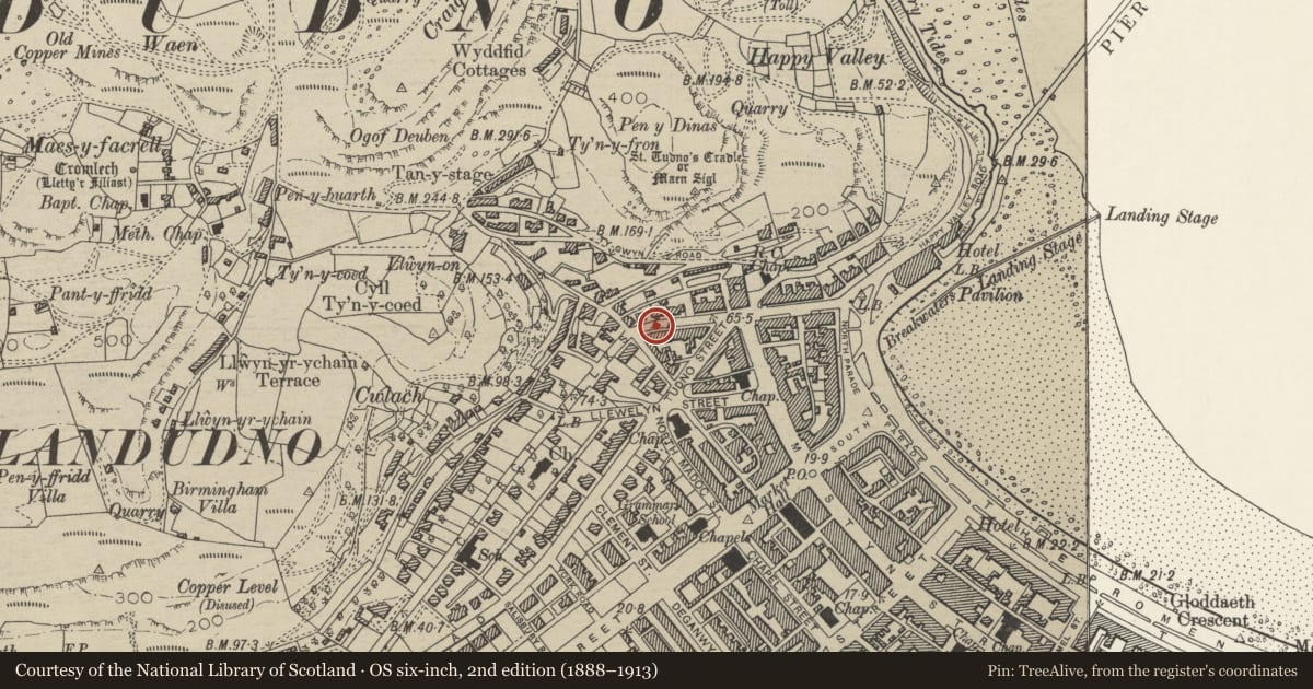 Ordnance Survey six-inch map, 2nd edition (1888–1913) covering the location of Pillar Box, Llandudno, Conwy, with a pin at the register's coordinates
