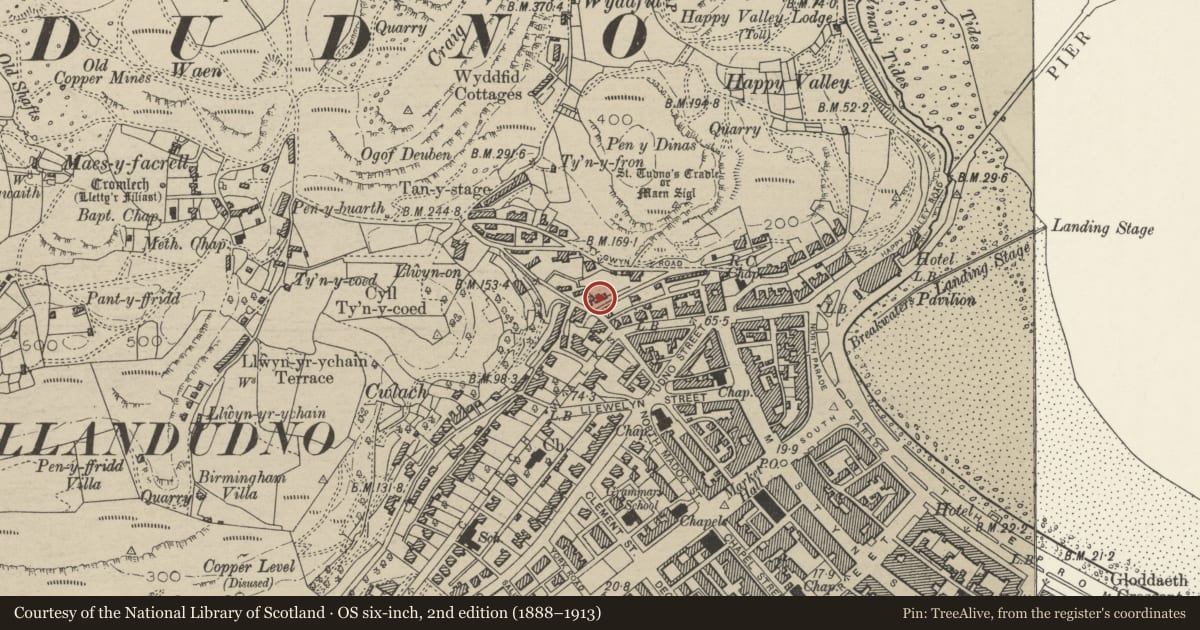 Ordnance Survey six-inch map, 2nd edition (1888–1913) covering the location of 1 Plas Road, Llandudno, Conwy, with a pin at the register's coordinates