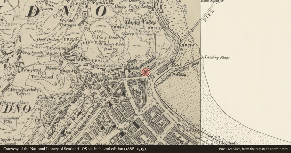 Ordnance Survey six-inch map, 2nd edition (1888–1913) covering the location of 22 North Parade, Llandudno, Conwy, with a pin at the register's coordinates