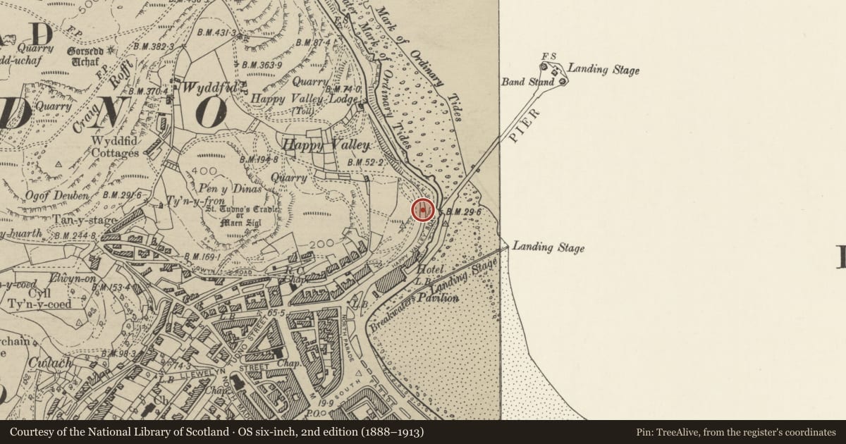 Ordnance Survey six-inch map, 2nd edition (1888–1913) covering the location of Colonnaded Walkway, Llandudno, Conwy, with a pin at the register's coordinates