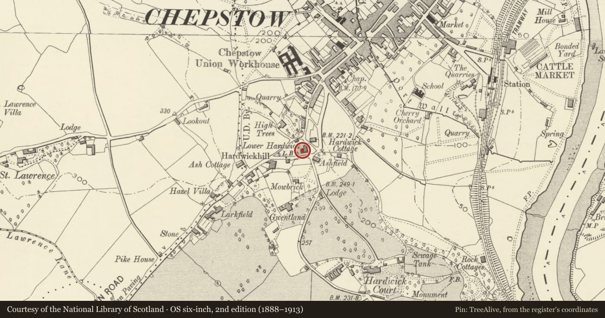 Ordnance Survey six-inch map, 2nd edition (1888–1913) covering the location of Lower Hardwick, Chepstow, Monmouthshire, with a pin at the register's coordinates