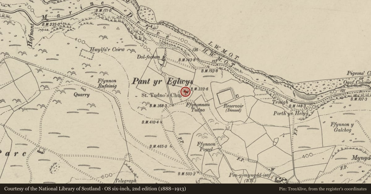 Ordnance Survey six-inch map, 2nd edition (1888–1913) covering the location of Outdoor Pulpit at St Tudno's Church, Llandudno, Conwy, with a pin at the register's coordinates
