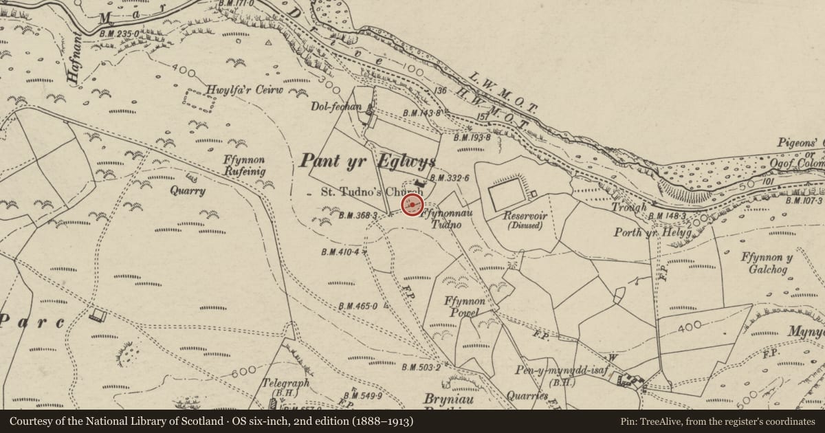 Ordnance Survey six-inch map, 2nd edition (1888–1913) covering the location of Lych Gate of St Tudno's Church, Llandudno, Conwy, with a pin at the register's coordinates