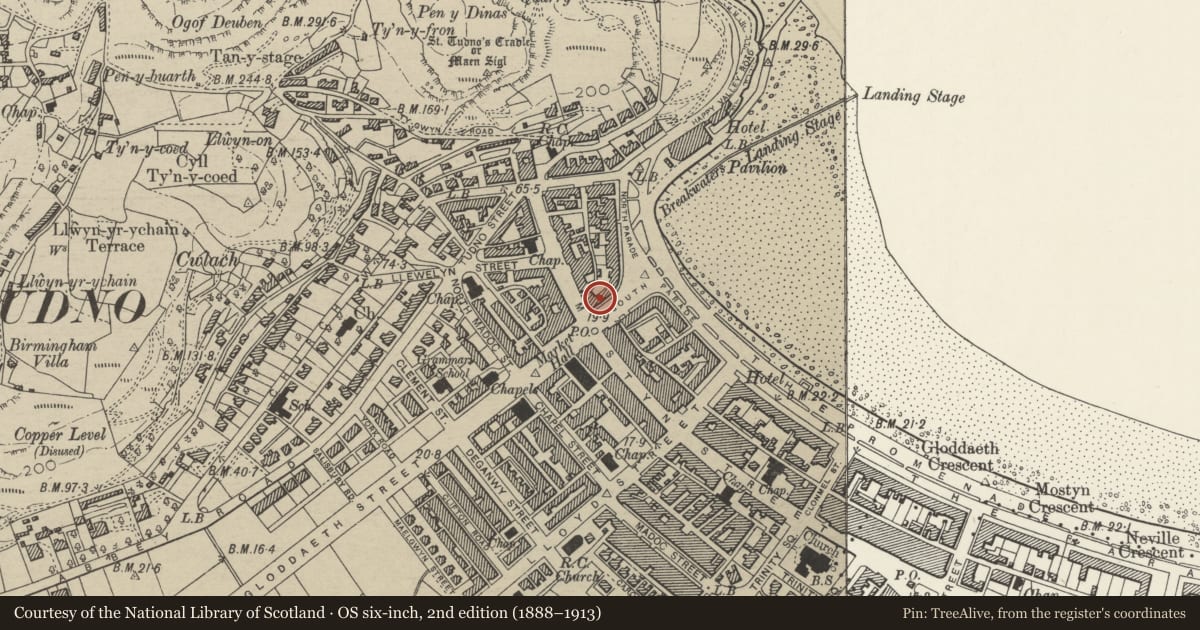 Ordnance Survey six-inch map, 2nd edition (1888–1913) covering the location of Whitecourt Hotel, including forecourt wall, Llandudno, Conwy, with a pin at the register's coordinates
