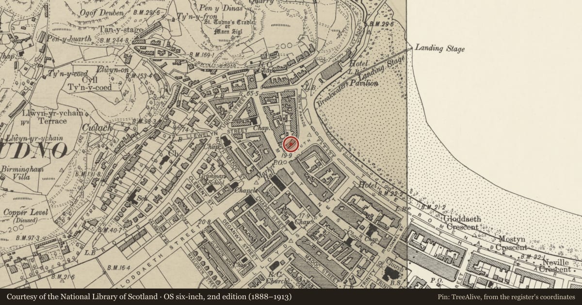 Ordnance Survey six-inch map, 2nd edition (1888–1913) covering the location of Milverton House Hotel, Llandudno, Conwy, with a pin at the register's coordinates
