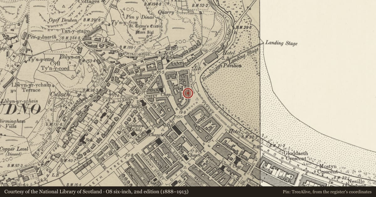 Ordnance Survey six-inch map, 2nd edition (1888–1913) covering the location of Hen Dy Hotel, Llandudno, Conwy, with a pin at the register's coordinates