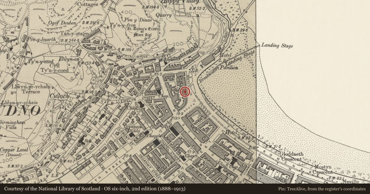 Ordnance Survey six-inch map, 2nd edition (1888–1913) covering the location of Wellington Hotel, Llandudno, Conwy, with a pin at the register's coordinates
