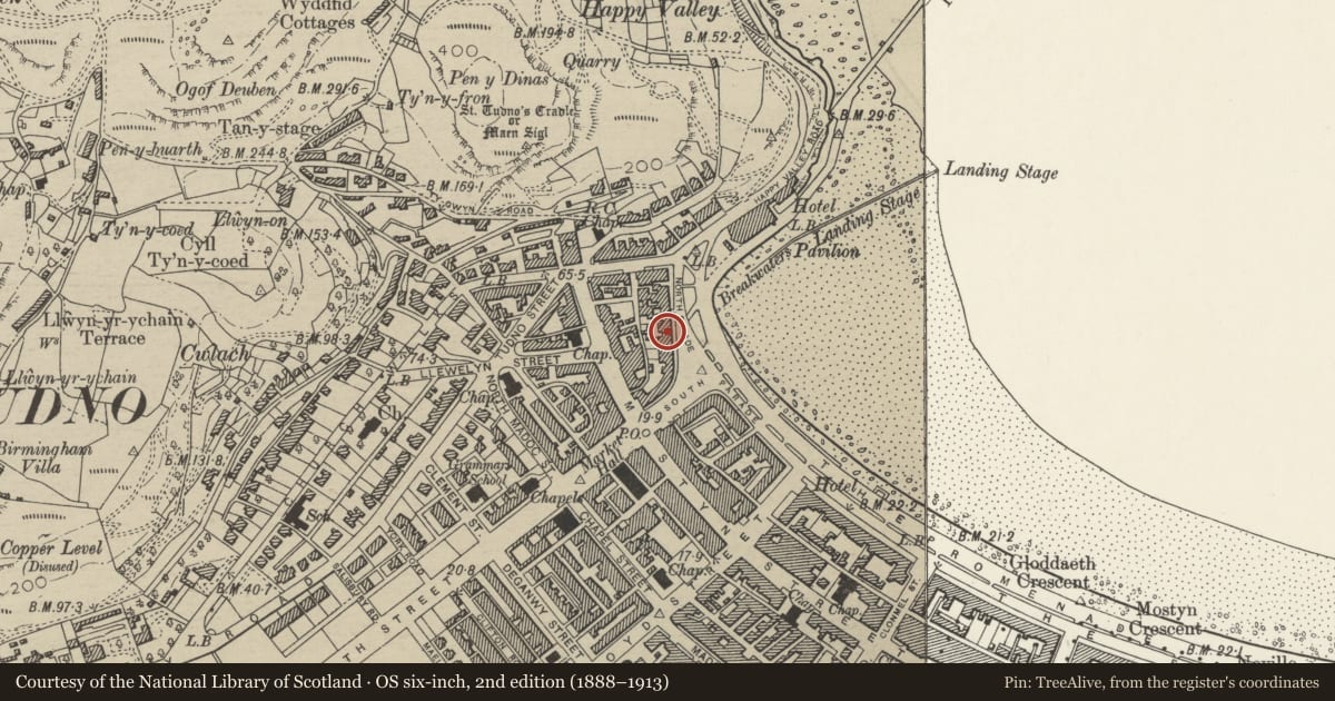 Ordnance Survey six-inch map, 2nd edition (1888–1913) covering the location of Pier Gardens Hotel, Llandudno, Conwy, with a pin at the register's coordinates